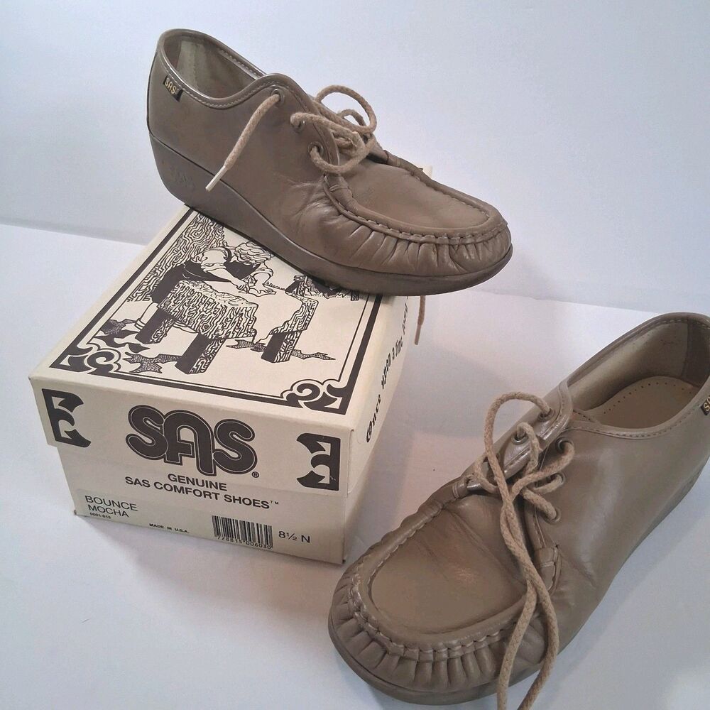 SAS Bounce Mocha Leather Womens Shoes 8.5 N Lace Up Moccasin Oxford Vintage Box